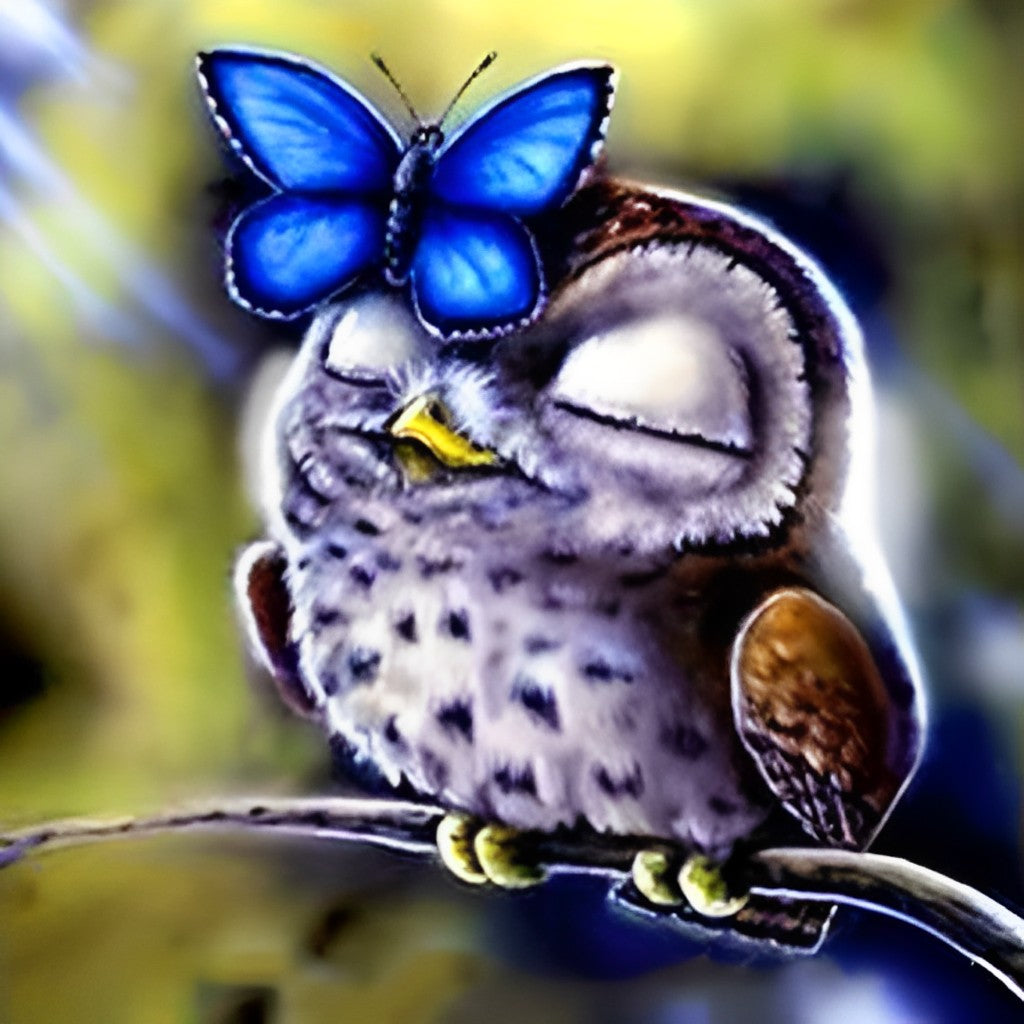 Little Owl and Blue Butterfly Diamond Painting