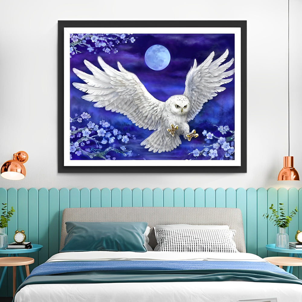 Flying Owl and Blue Flowers Diamond Painting