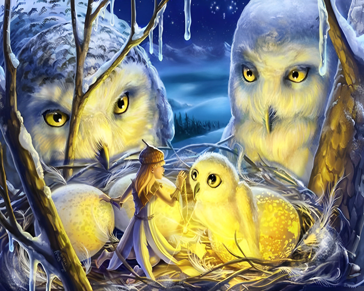 Family of Owls and Little Fairy Diamond Painting
