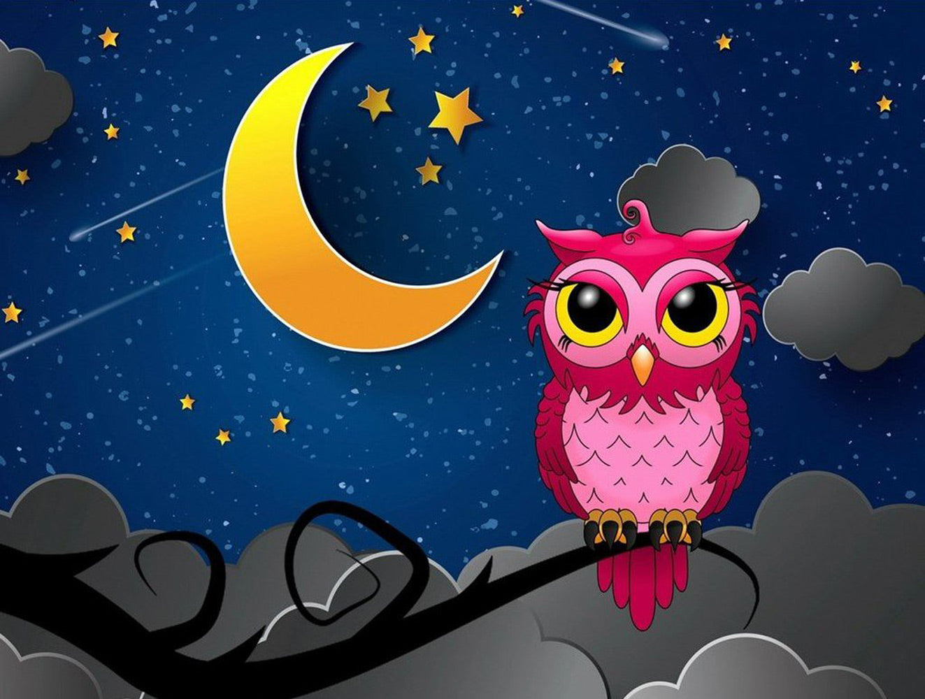 Pink Owl and the Moon in the Starry Night Diamond Painting