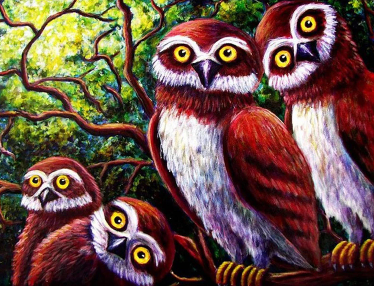 Four Red Owls Diamond Painting