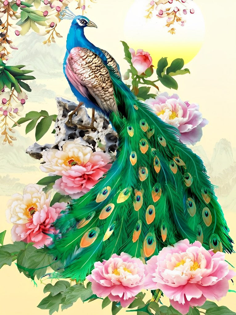 Blue Peacock and Pink Peonies Diamond Painting