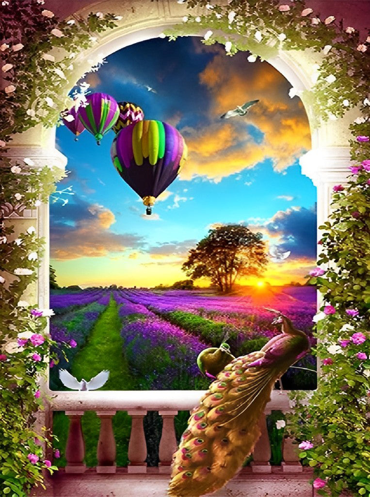Peacock at the Window and Hot Air Balloons Diamond Painting