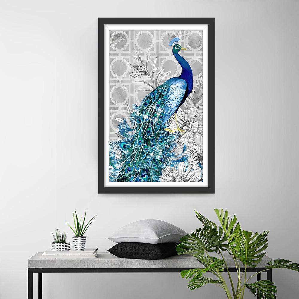 Bright Peacock and White Flowers Diamond Painting