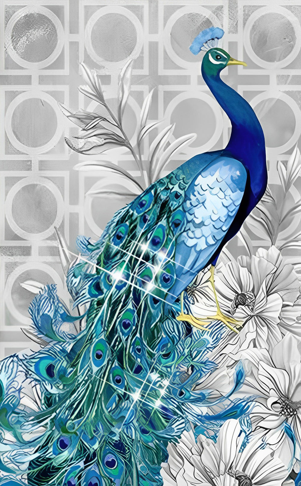 Bright Peacock and White Flowers Diamond Painting