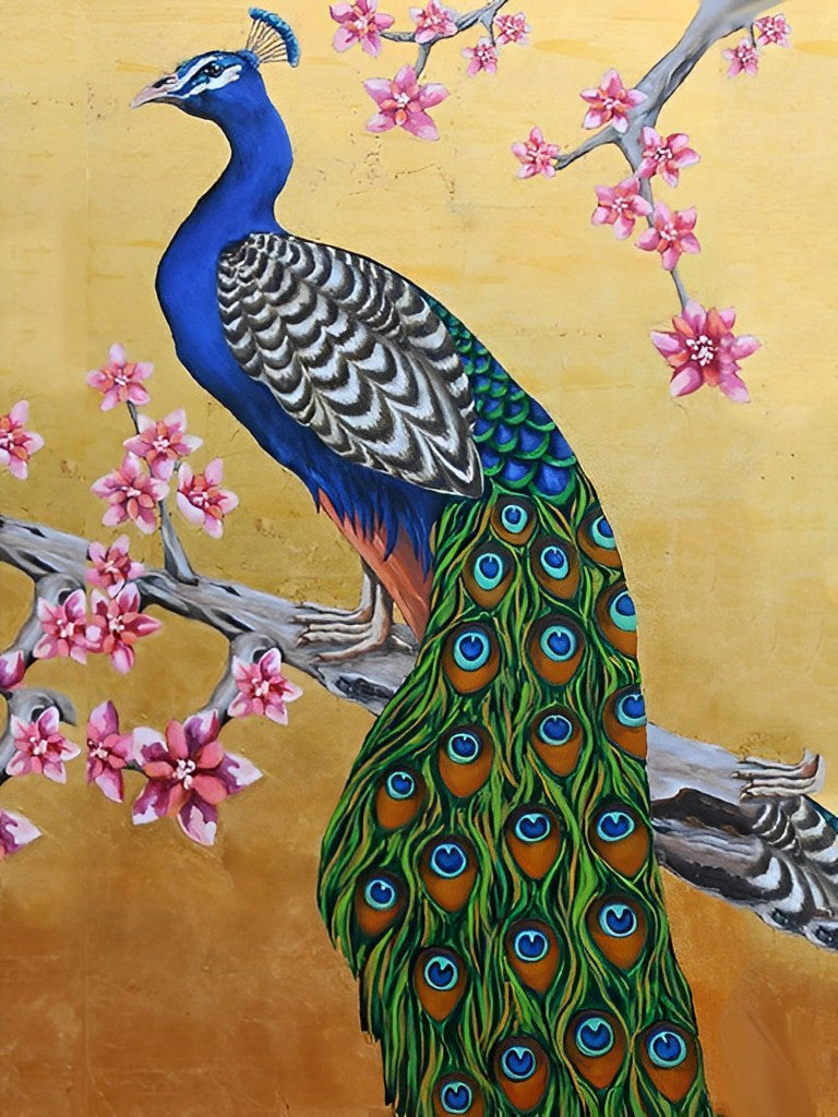 Blue Peacock on Branch and Flowers Diamond Painting
