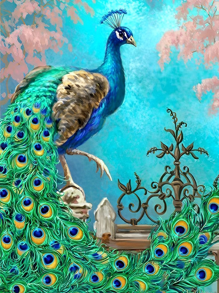 Blue Peacock on Fence Diamond Painting