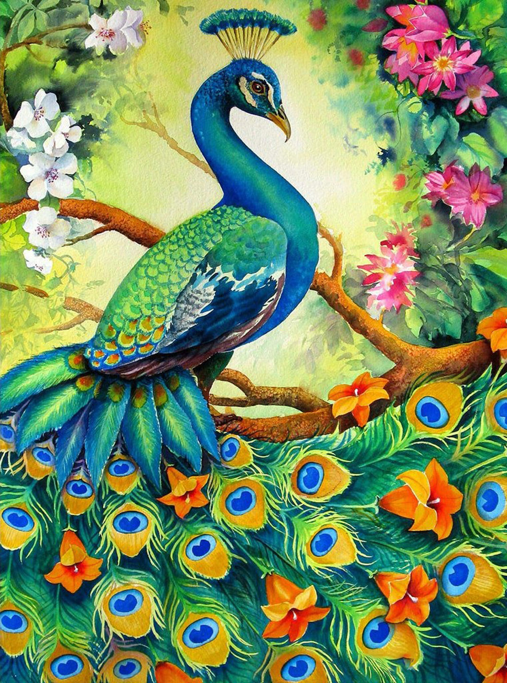 Blue Peacock and Flowers Diamond Painting
