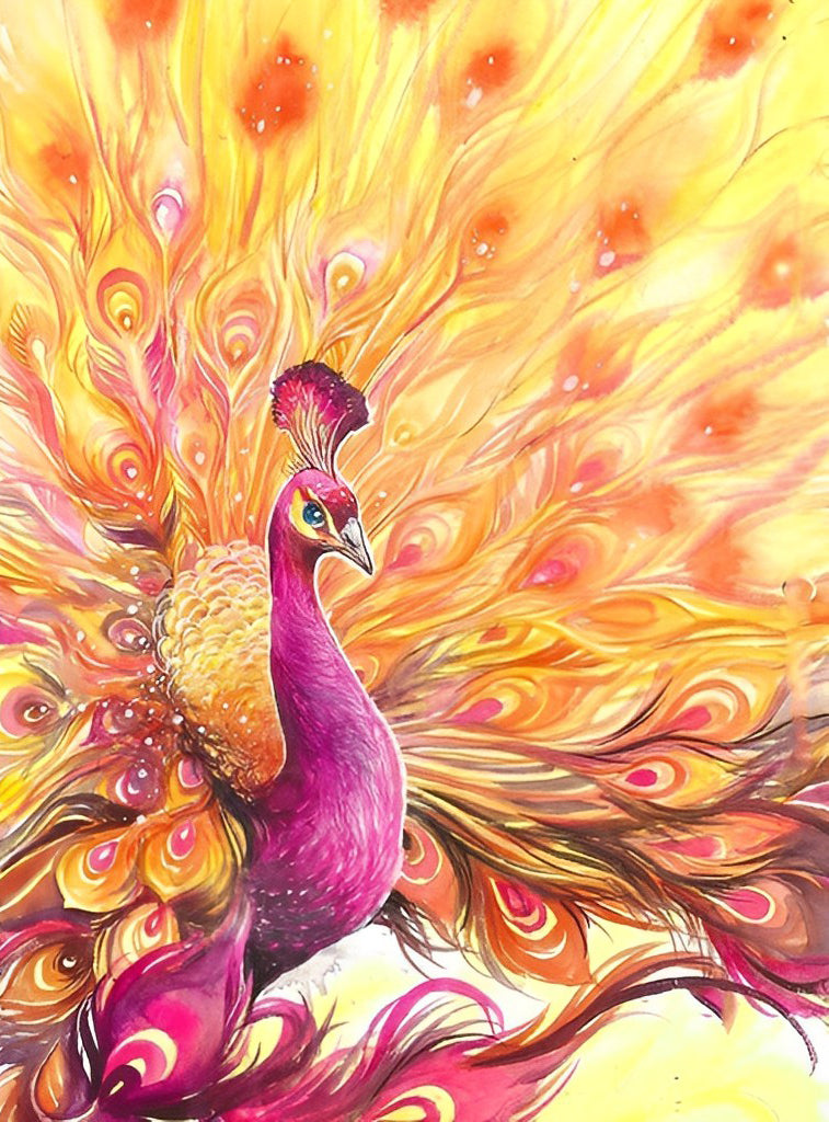 Pink Peacock with Yellow Tail Diamond Painting