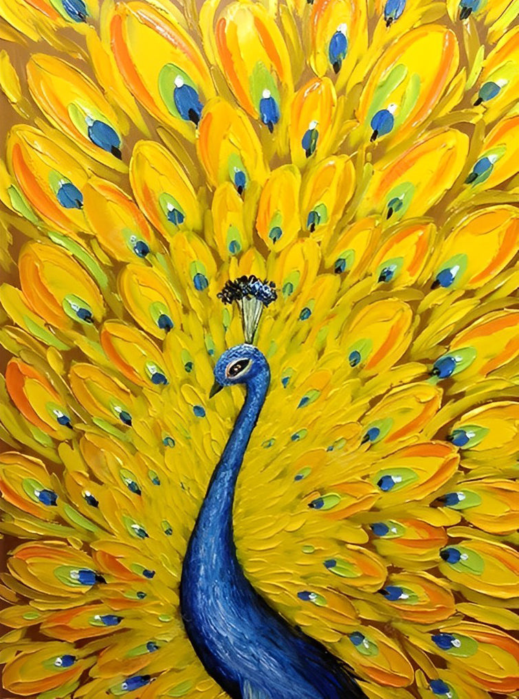 Blue Peacock Drawn with Golden Tail Diamond Painting