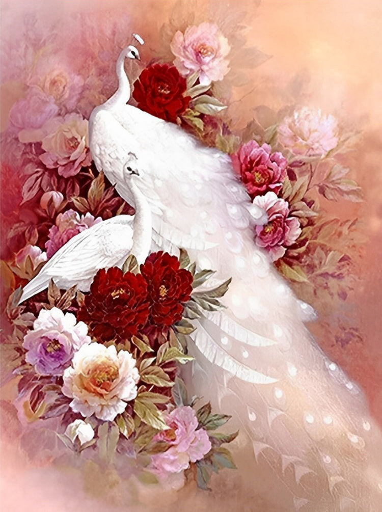 Couple of White Peacocks and Red Peonies Diamond Painting