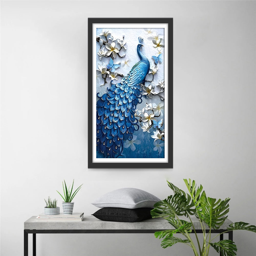 Blue Peacock and White Flowers Diamond Painting