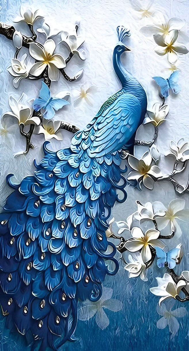 Blue Peacock and White Flowers Diamond Painting