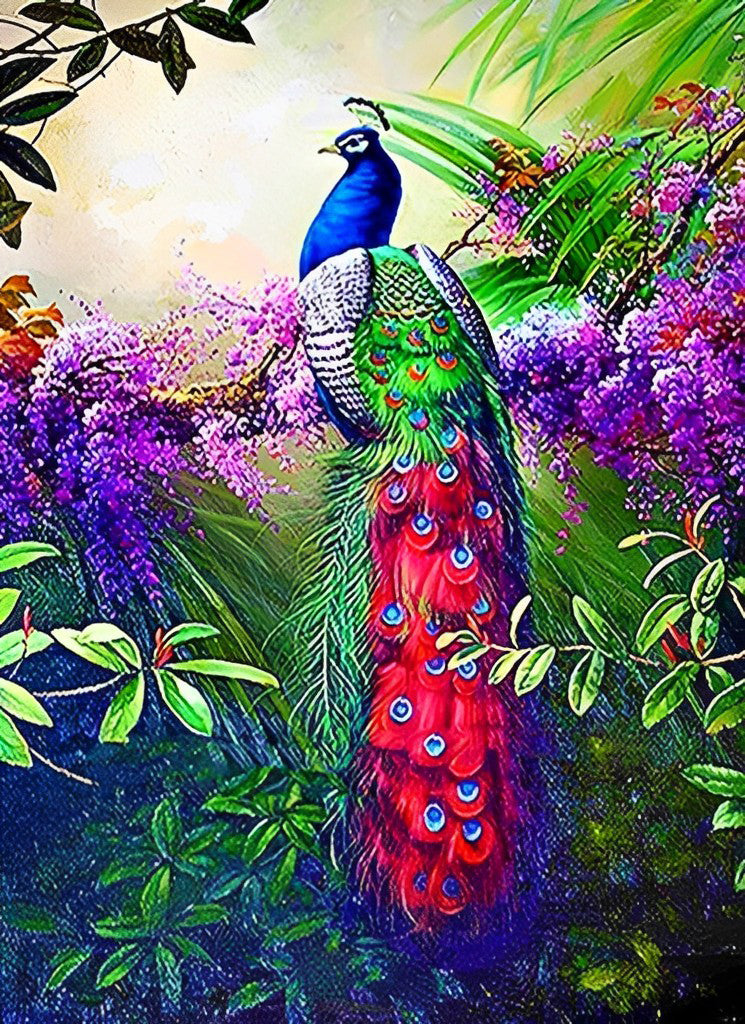 Blue Peacock and Purple Flowers Diamond Painting