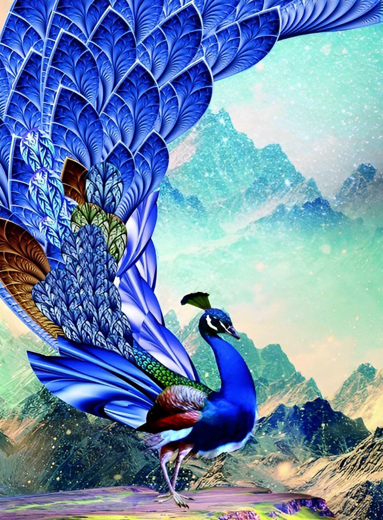 Blue Peacock and the Mountains Diamond Painting