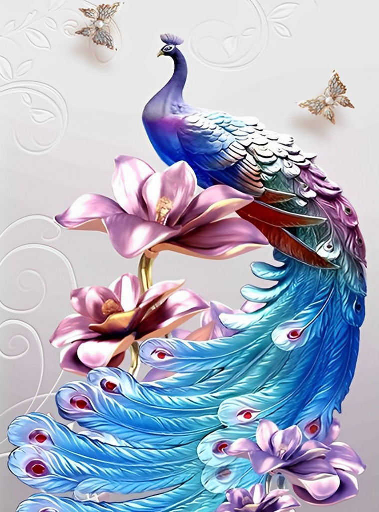 Peacock and Metallic Flowers Diamond Painting