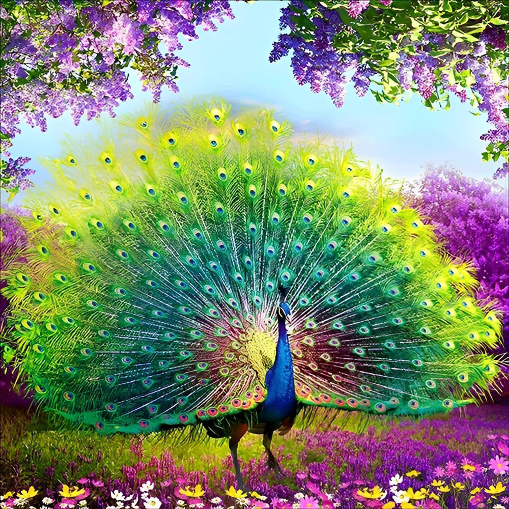 Pretty Peacock Wheeling and Flowers Diamond Painting