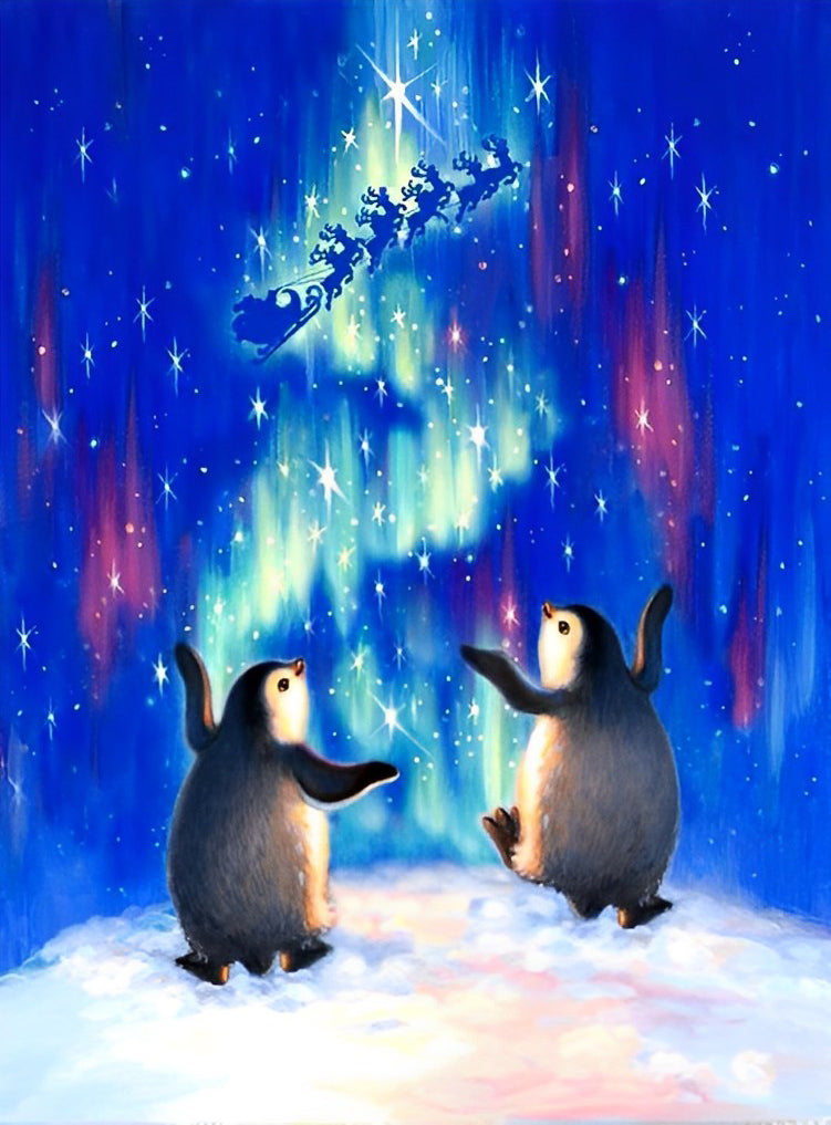 Two Little Penguins and the Polar Dawn Diamond Painting