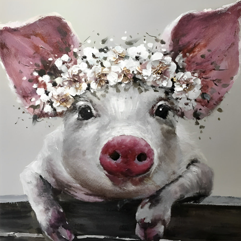 The Little Pig with a Crown of Flowers Diamond Painting