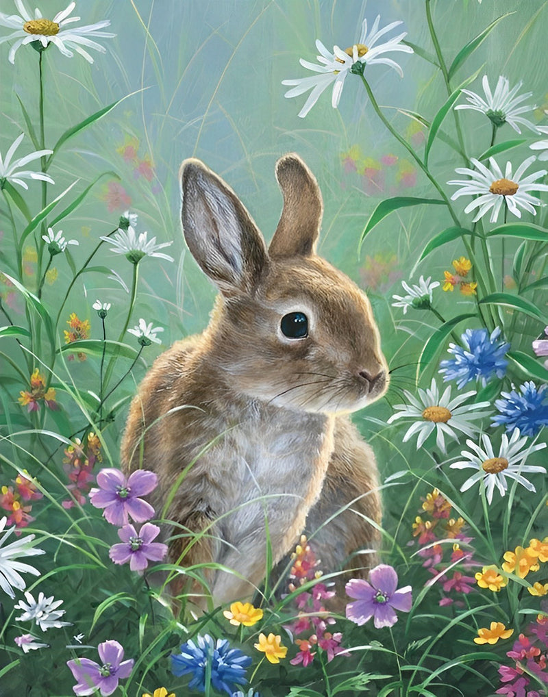 Brown Rabbit and Colorful Flowers Diamond Painting