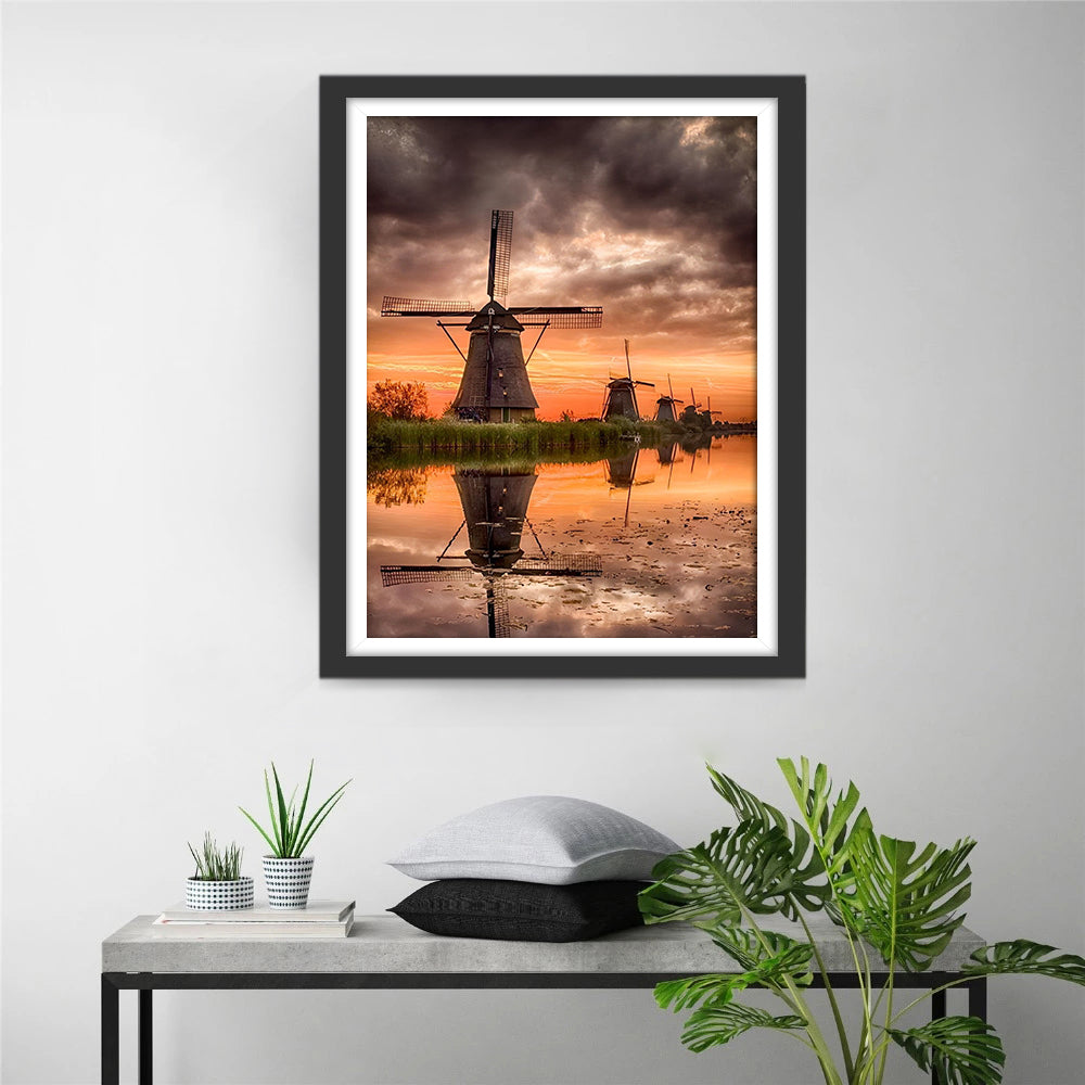 Windmill and River Diamond Painting