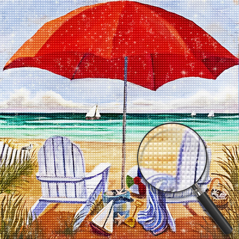 Red Parasol on the Beach Diamond Painting