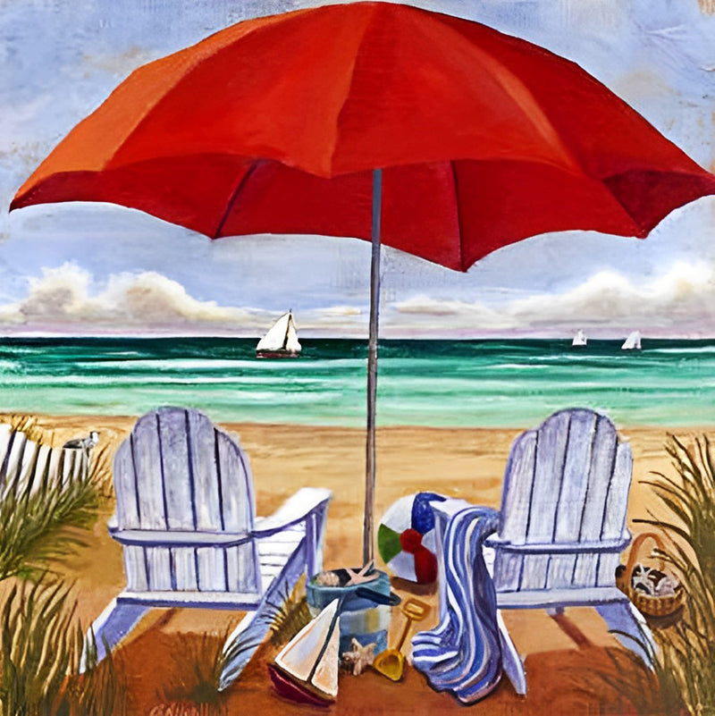 Red Parasol on the Beach Diamond Painting