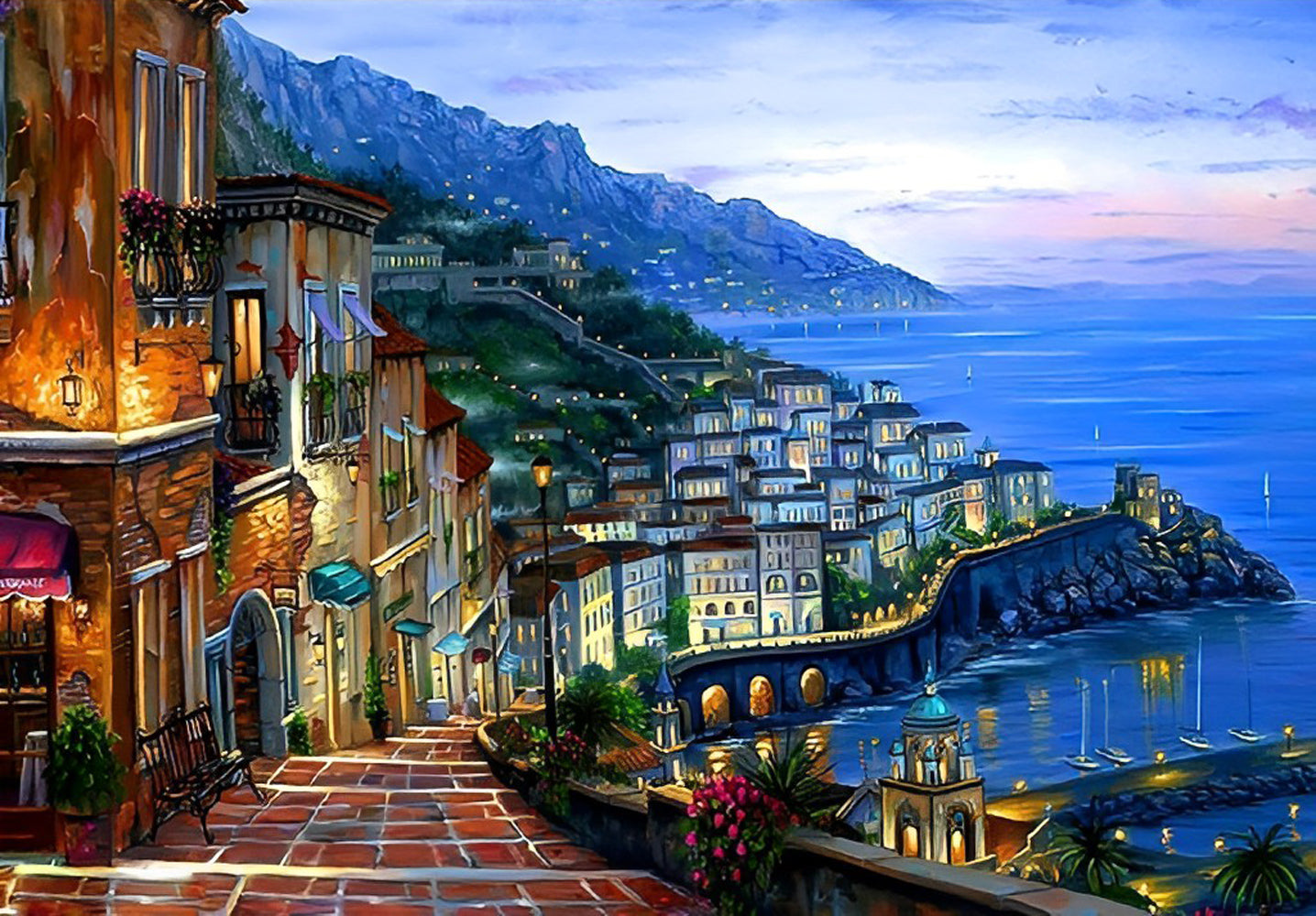 Seaside Town at Night Diamond Painting