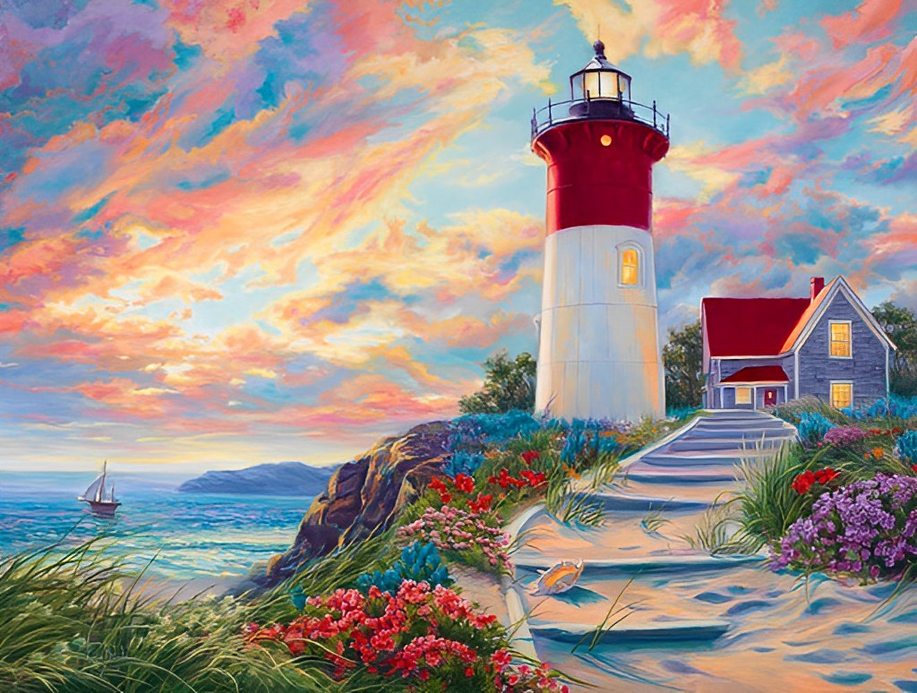 The Lighthouse and Flowers Diamond Painting