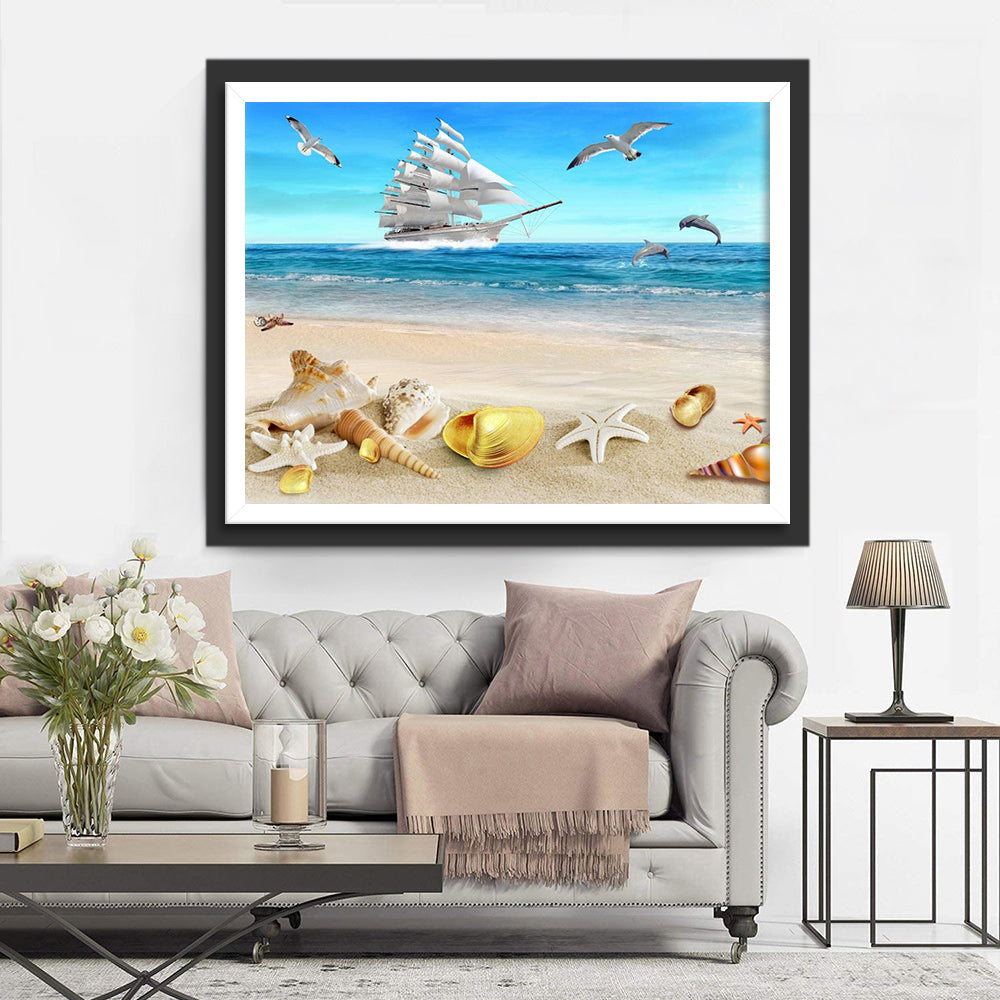 Sailboat and Seagulls Diamond Painting