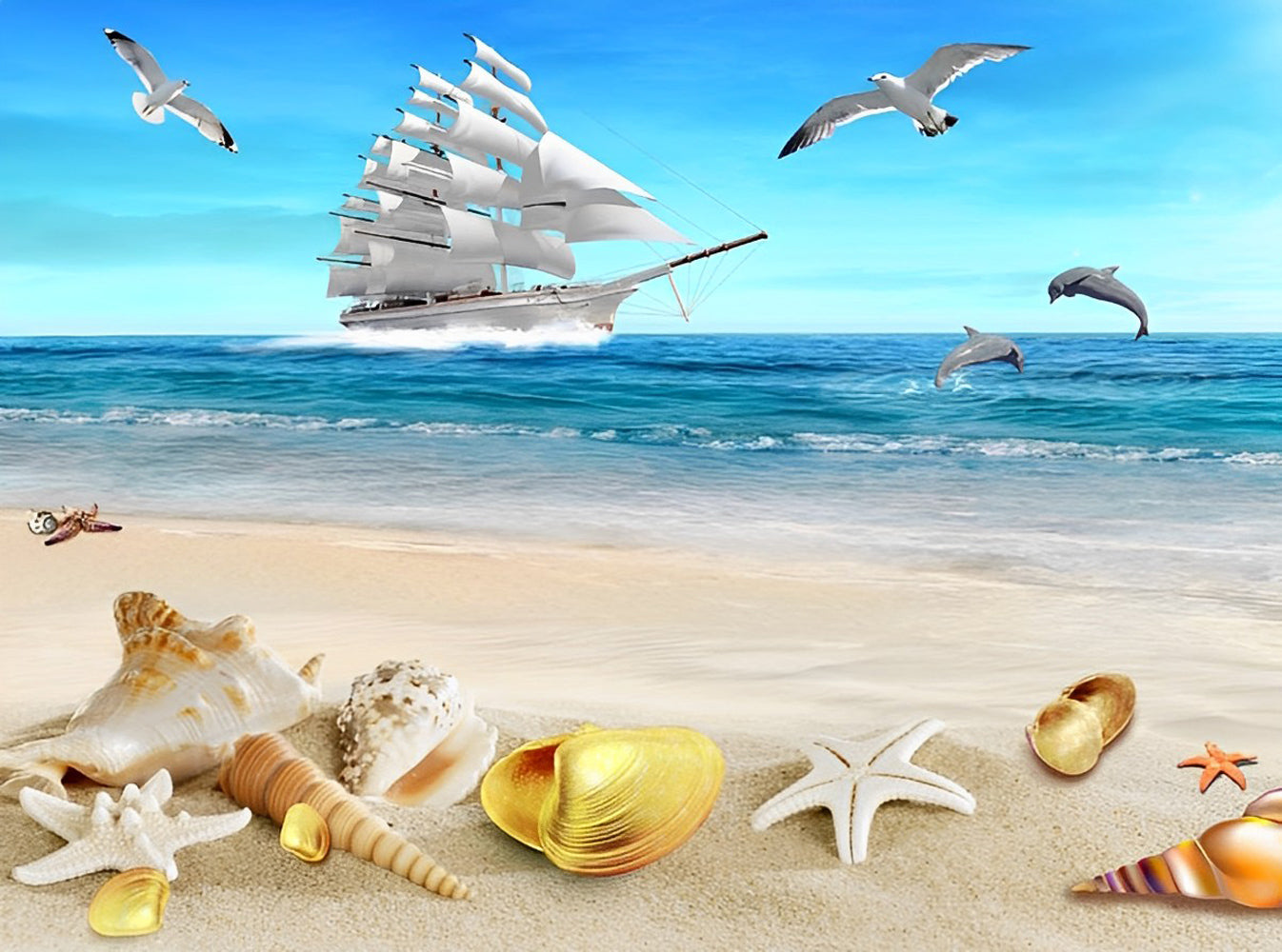 Sailboat and Seagulls Diamond Painting