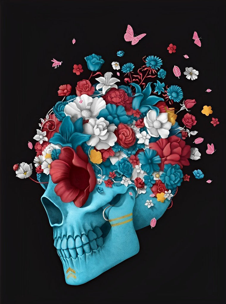 Blue Skull and Flowers Diamond Painting