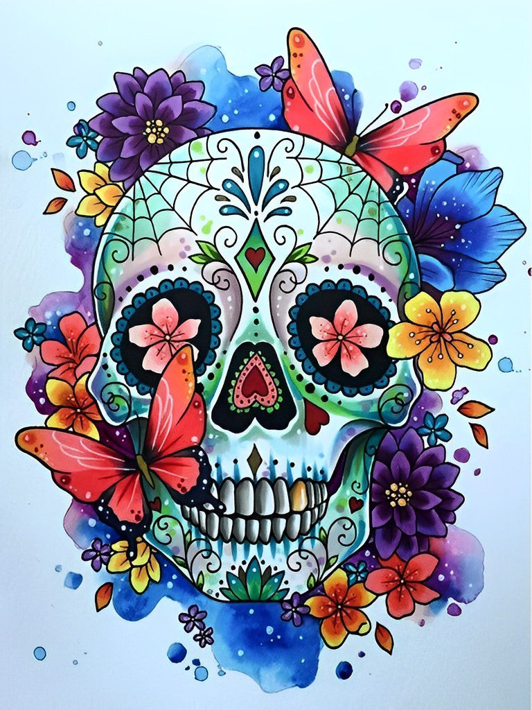 Skull and Red Butterflies Diamond Painting