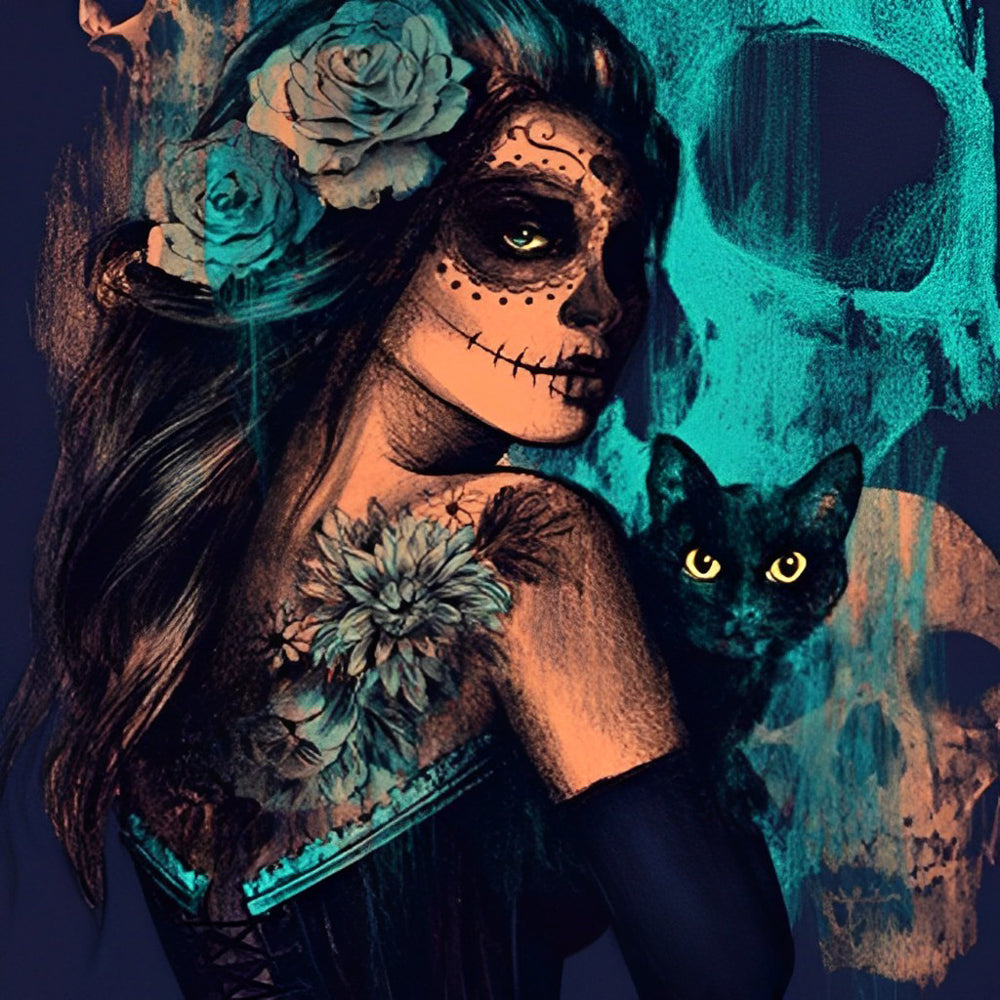 Skull Girl and Black Cat Diamond Painting