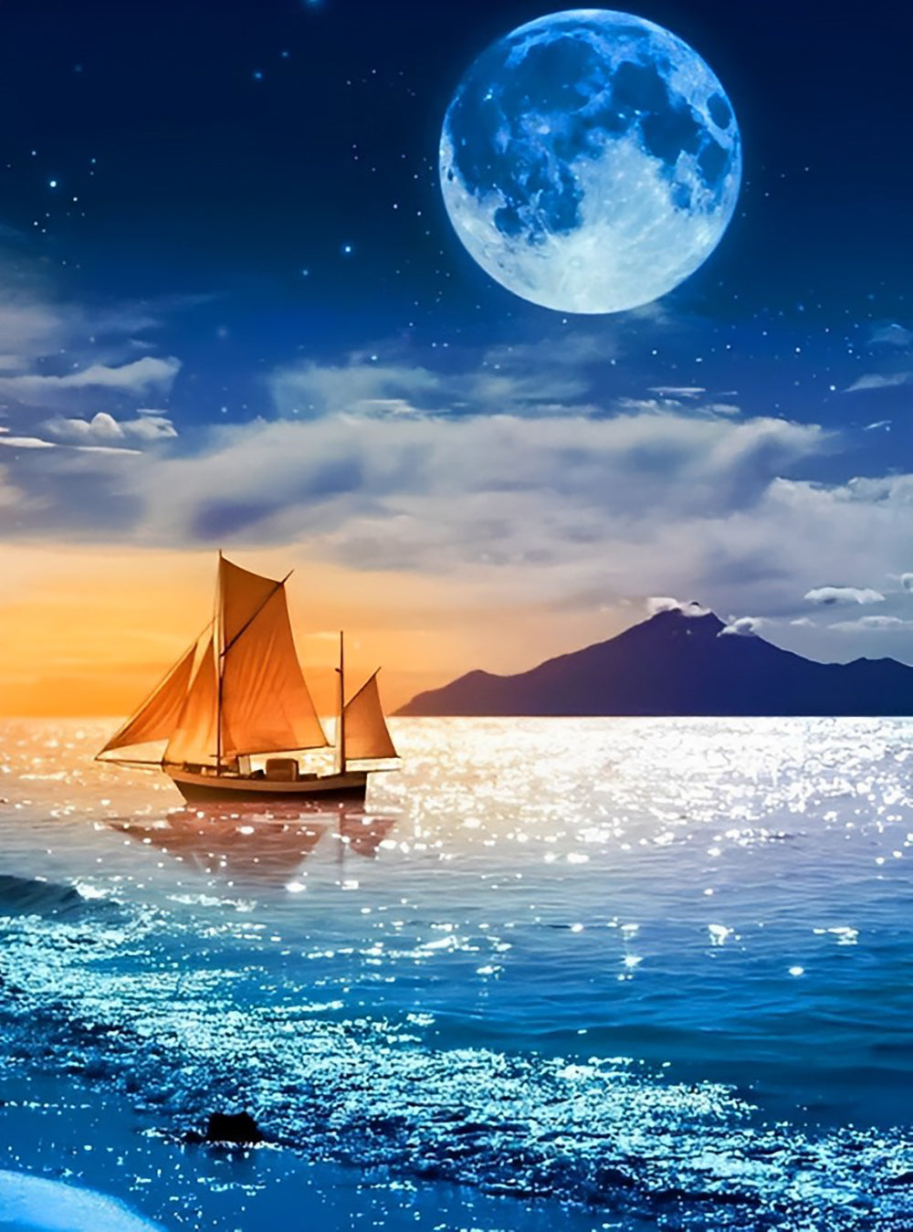 Starry Sky and Blue Moon over the Sea Diamond Painting