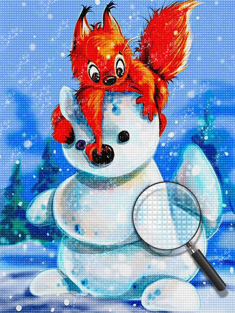 Red Squirrel and Snowman Diamond Painting