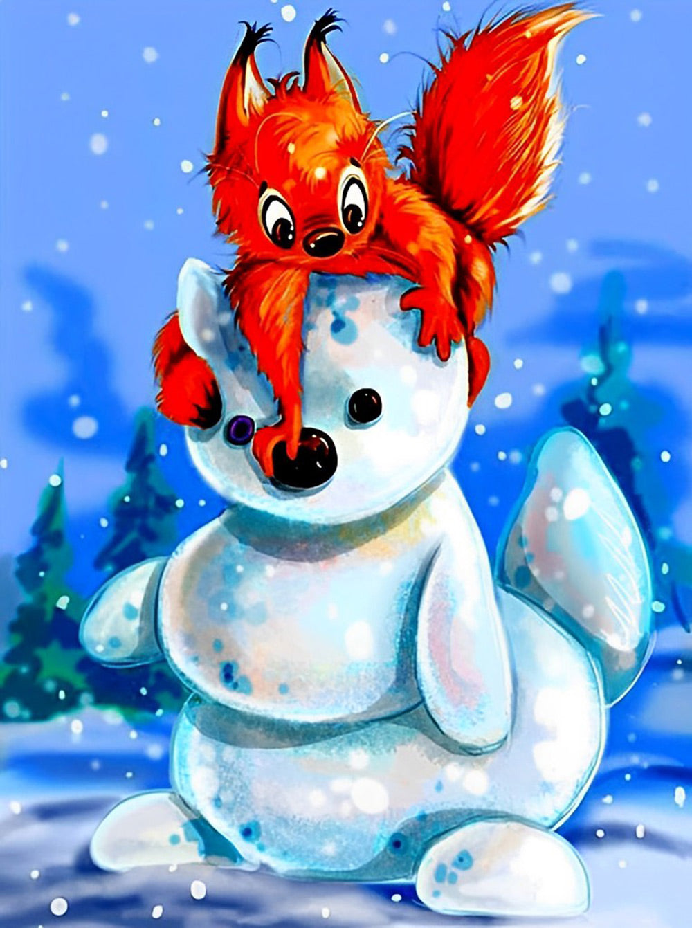 Red Squirrel and Snowman Diamond Painting