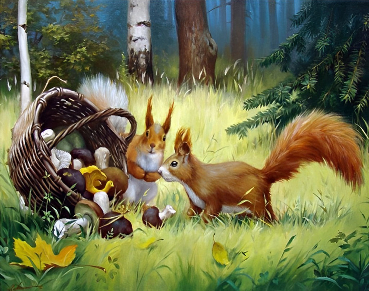 Two Curious Squirrels and Mushrooms Diamond Painting