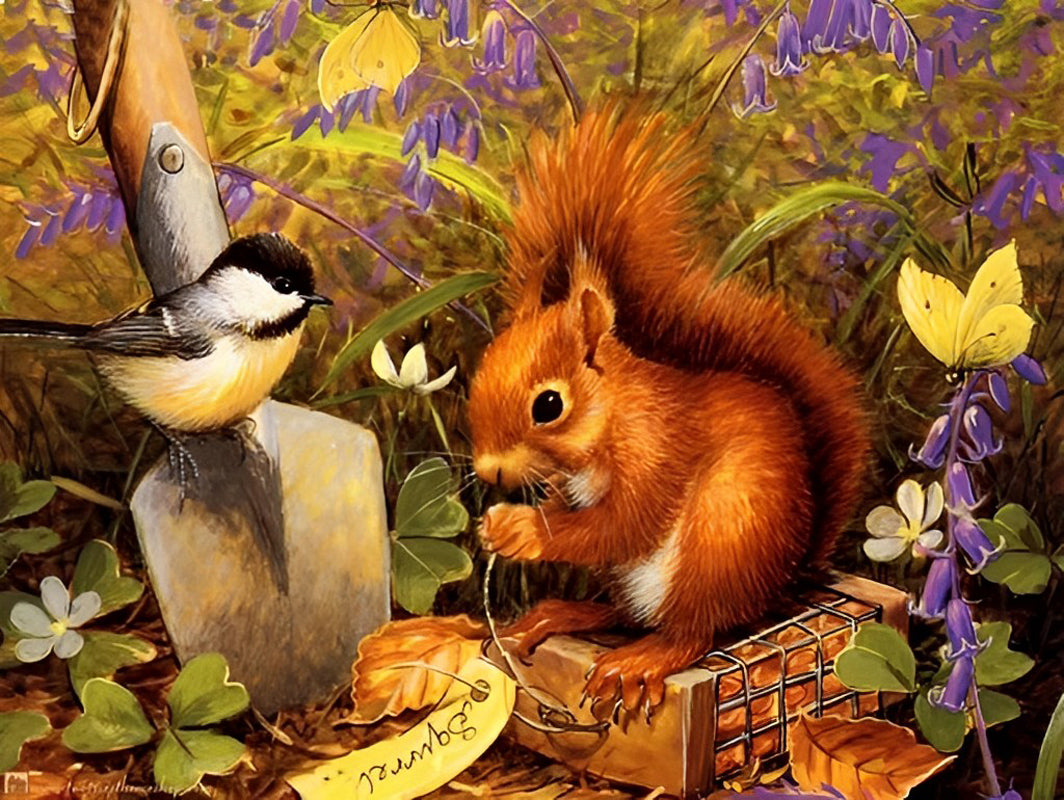 Squirrel and Tit with Flowers Diamond Painting