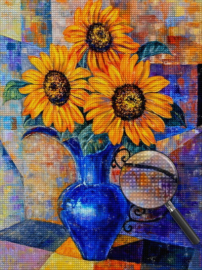 Three Sunflowers and Blue Vase Diamond Painting