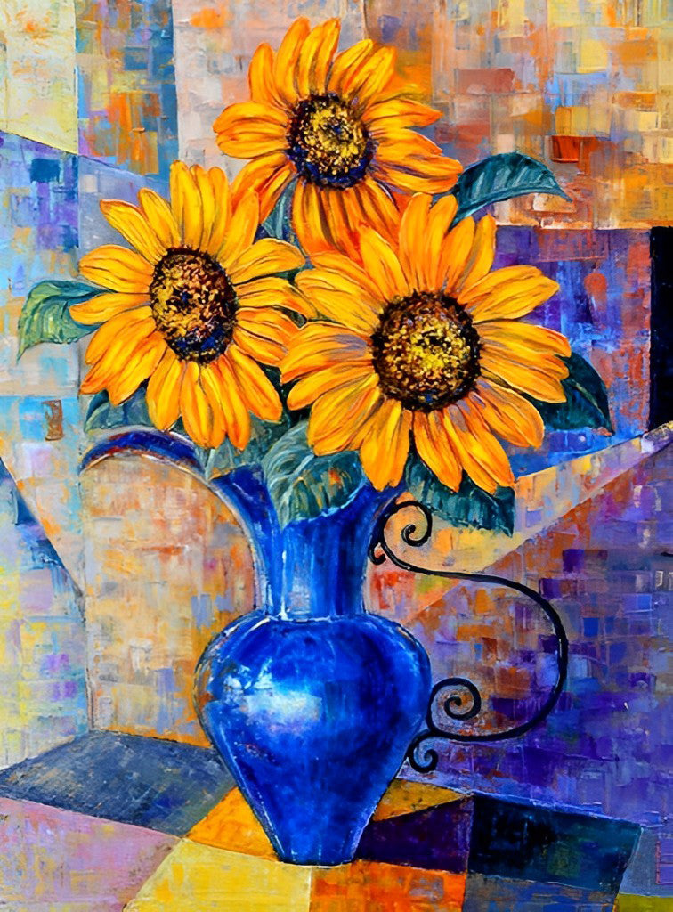 Three Sunflowers and Blue Vase Diamond Painting