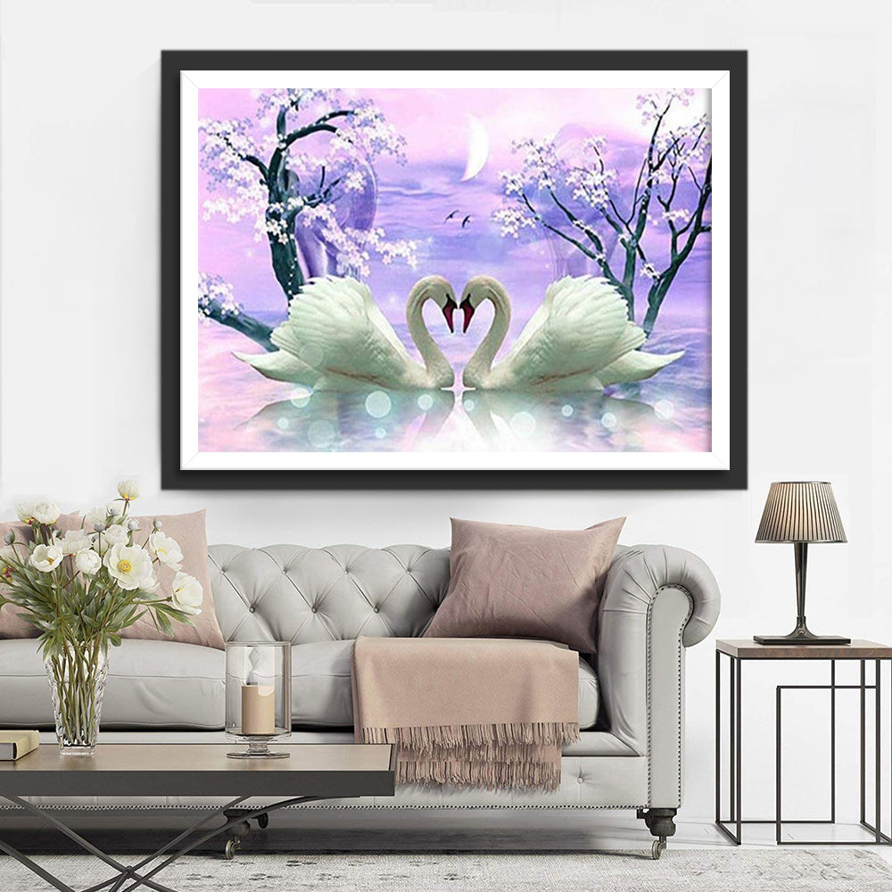 Couple of Swans and Purple Clouds Diamond Painting