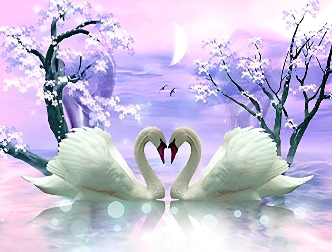 Couple of Swans and Purple Clouds Diamond Painting