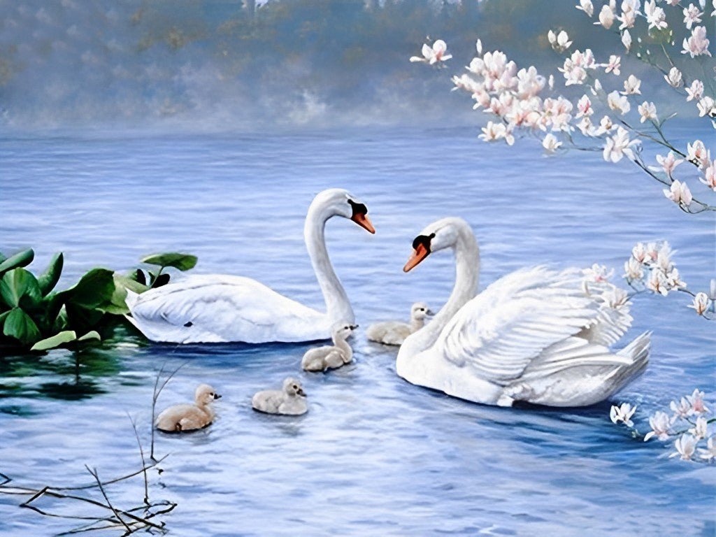 Swan Family and Flowers Diamond Painting