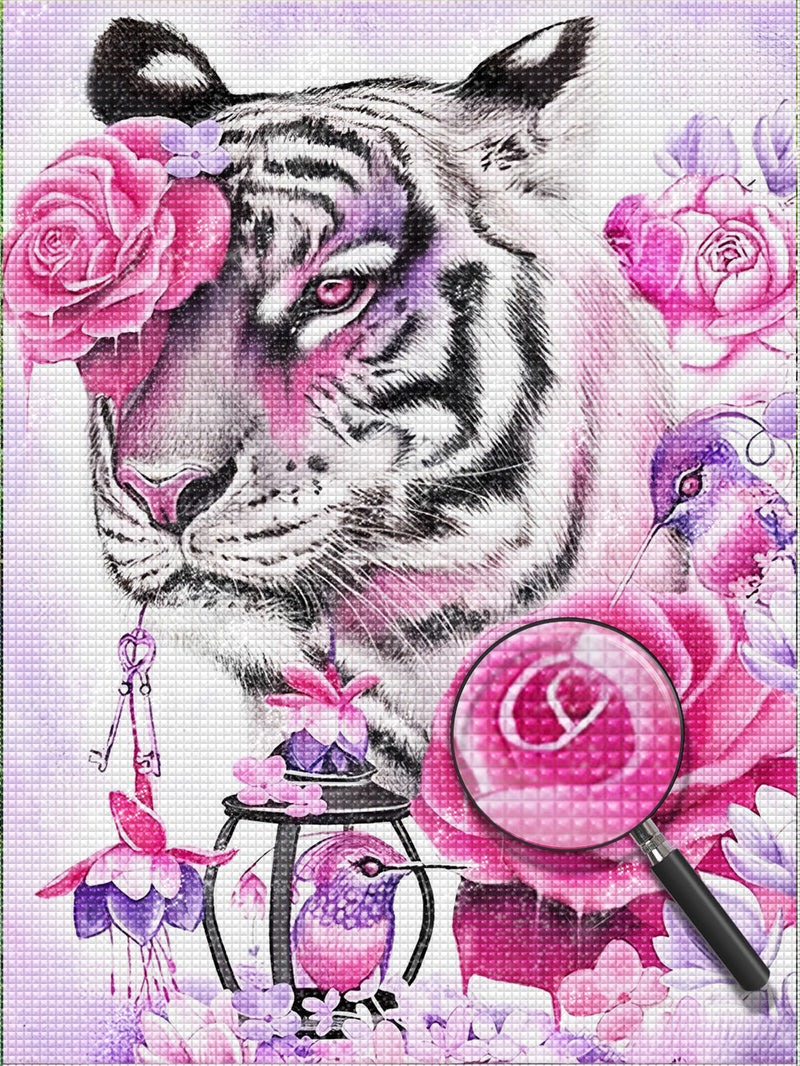 White Tiger and Roses Diamond Painting