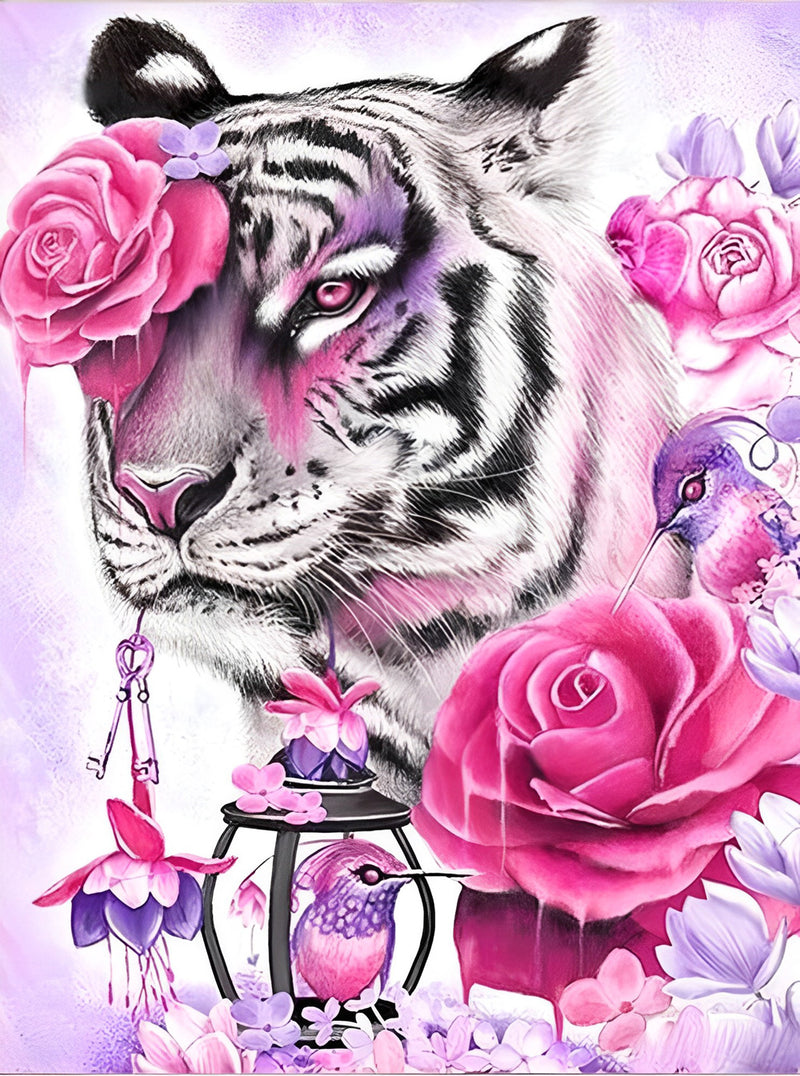 White Tiger and Roses Diamond Painting