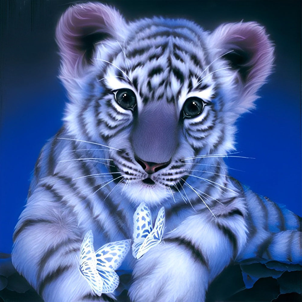 Little White Tiger and White Butterflies Diamond Painting