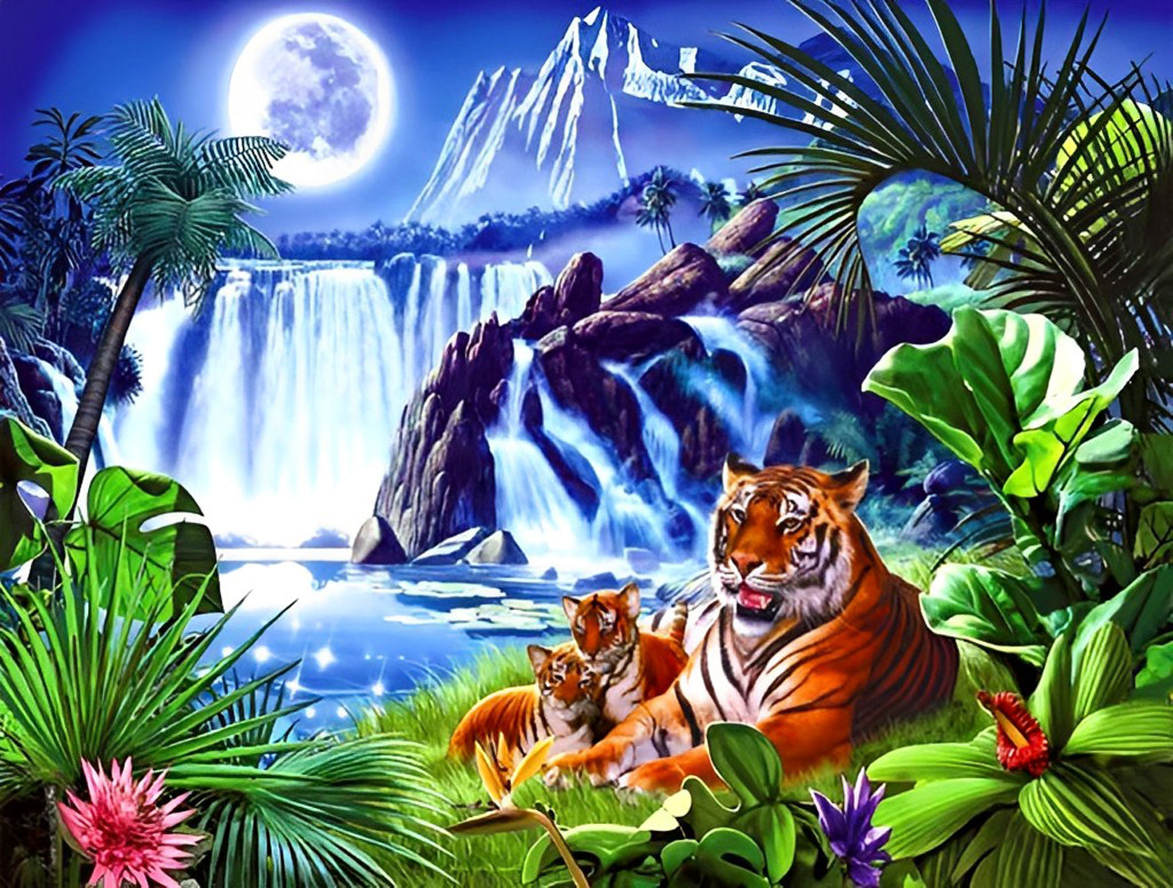 Tiger Family under the Clear Moon Diamond Painting