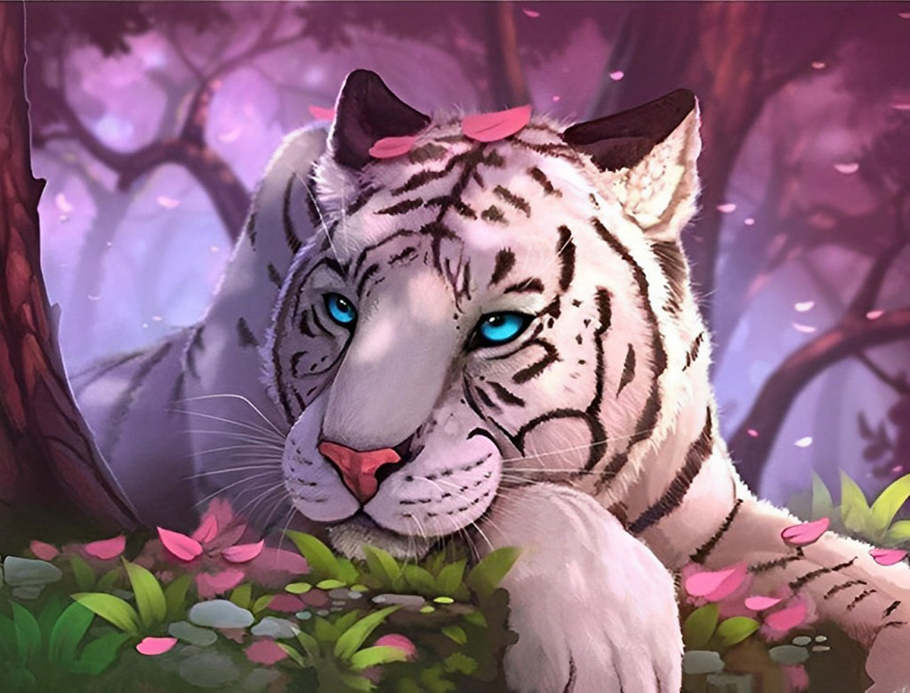 White Tiger and Roses Diamond Painting
