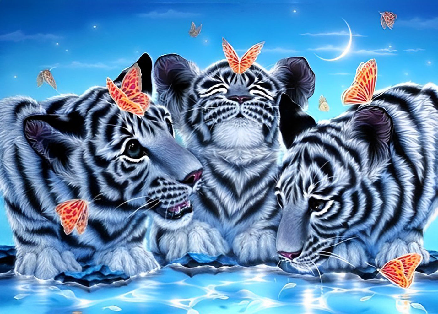 Three Little White Tigers and Butterflies Diamond Painting